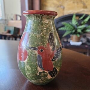 Handcrafted Redware Sgraffito Etched Hummingbird Vase